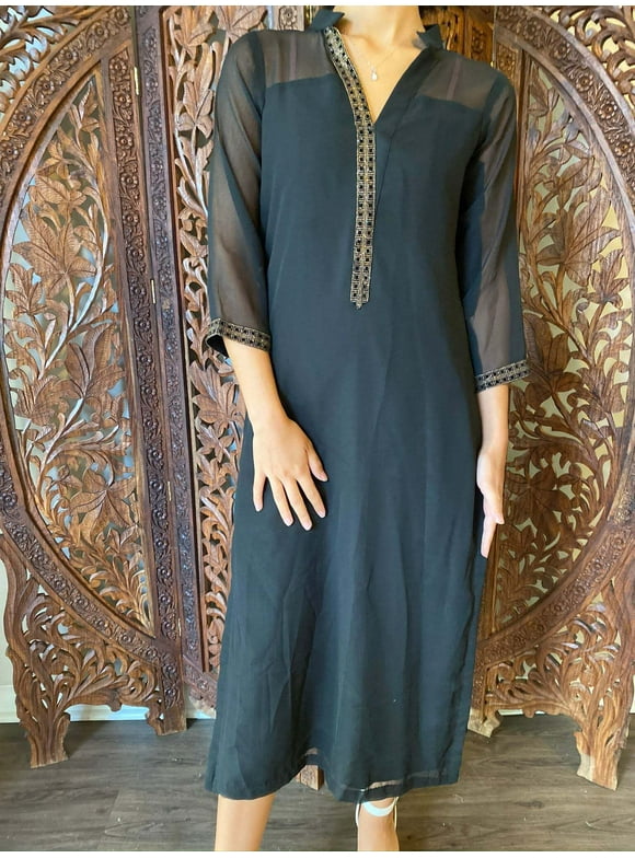 Long Tunic Dress, Black Gold Georgette Bohemian Tunic S