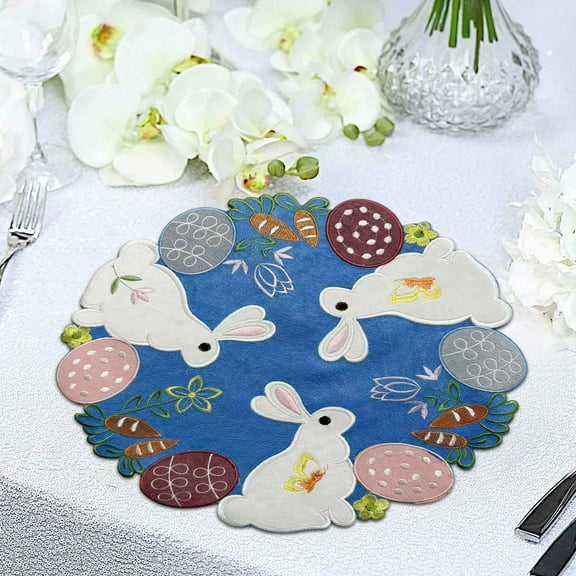 Clearance Under $5 Boovnll Placemats, 14" Round Easter Bunny Embroidered Washable Wipeable Heat-Proof Place Mats for Home Kitchen, Dining Table, Holiday, Party Decor Supplies, Easter Decorations