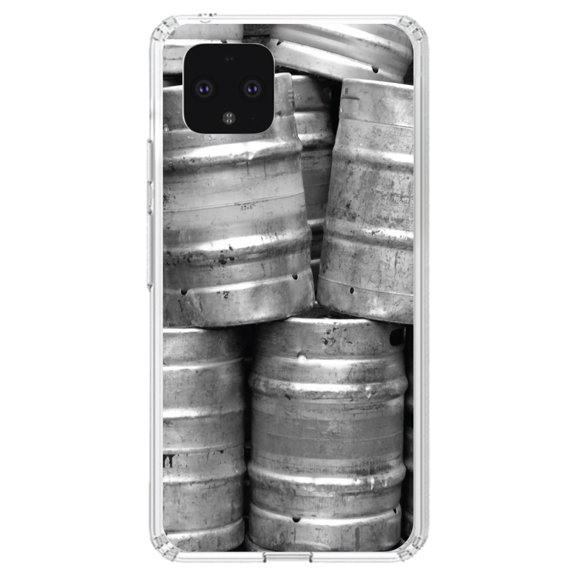 DistinctInk Clear Shockproof Hybrid Case for Google Pixel 4 (5.7" Screen) - TPU Bumper, Acrylic Back, Tempered Glass Screen Protector - Beer Kegs