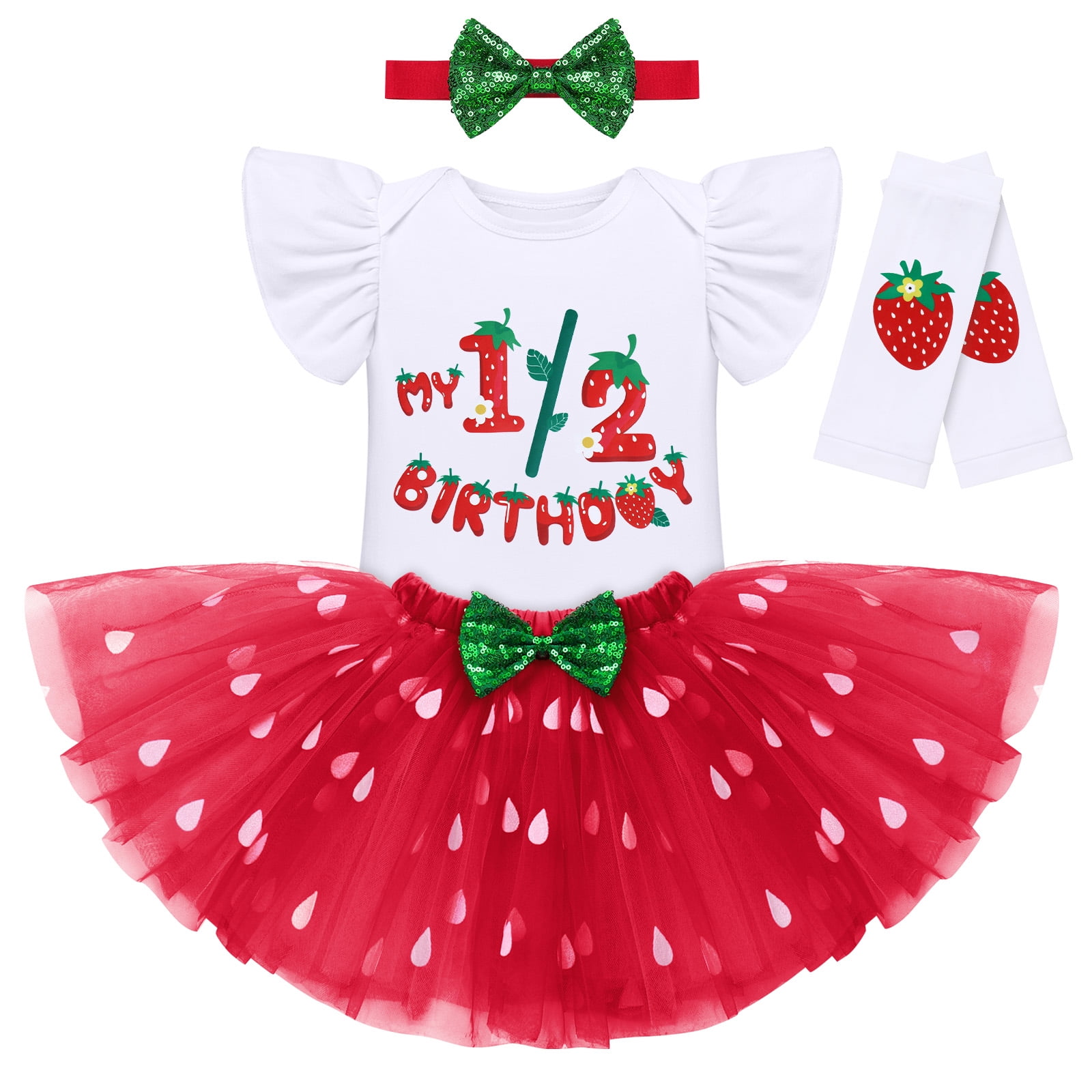 IBTOM CASTLE Baby Girls Strawberry 1/2 1st 2nd 3rd Birthday Outfit Romper Tutu Skirt Headband Leg Warmers for Cake Smash Photo Shoot 6 Months Red Strawberry - 1/2 Birthday