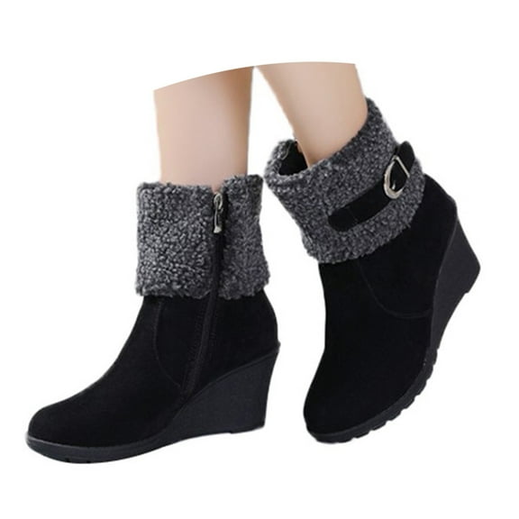 Oyedens Wedge Snow Boots for Women Fleece Lined Fashion Warm Winter High Heels Mid Calf Short Boots
