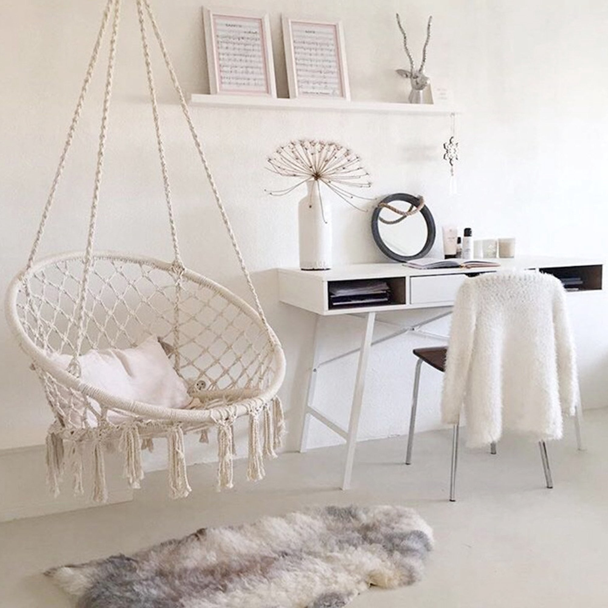 Hanging Outdoor Swing Chair Macrame Cotton Hammock Chair - Off-White