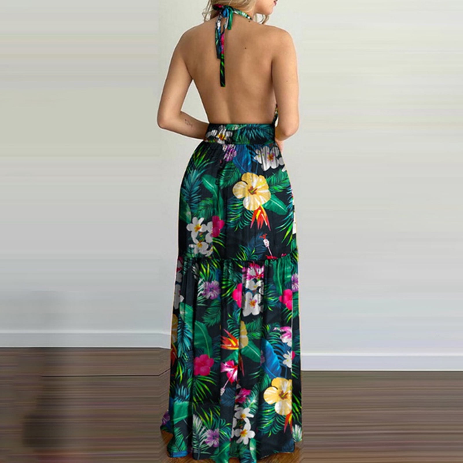 Boho Dress Ebay Ladies Maxi Dresses YODETEY Summer Dresses, Tropical Print  Halter Backless Maxi Dress, Sleeveless Beachwear