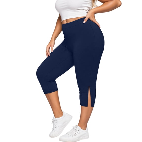 Riforla Leggings for Women Plus Size High Waisted Side Split Breathable Stretchy 7/8 Length Capri Yoga Pants Gym Running Summer Thin Comfortable Activewear Womens Tights Navy XXL