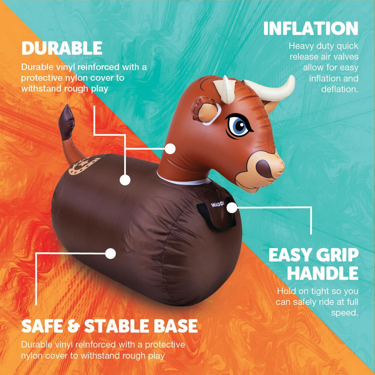 Waddle Large Brown Bull Hip Hopper Inflatable Hopping Animal Bouncer , 250lbs , Ages 5+