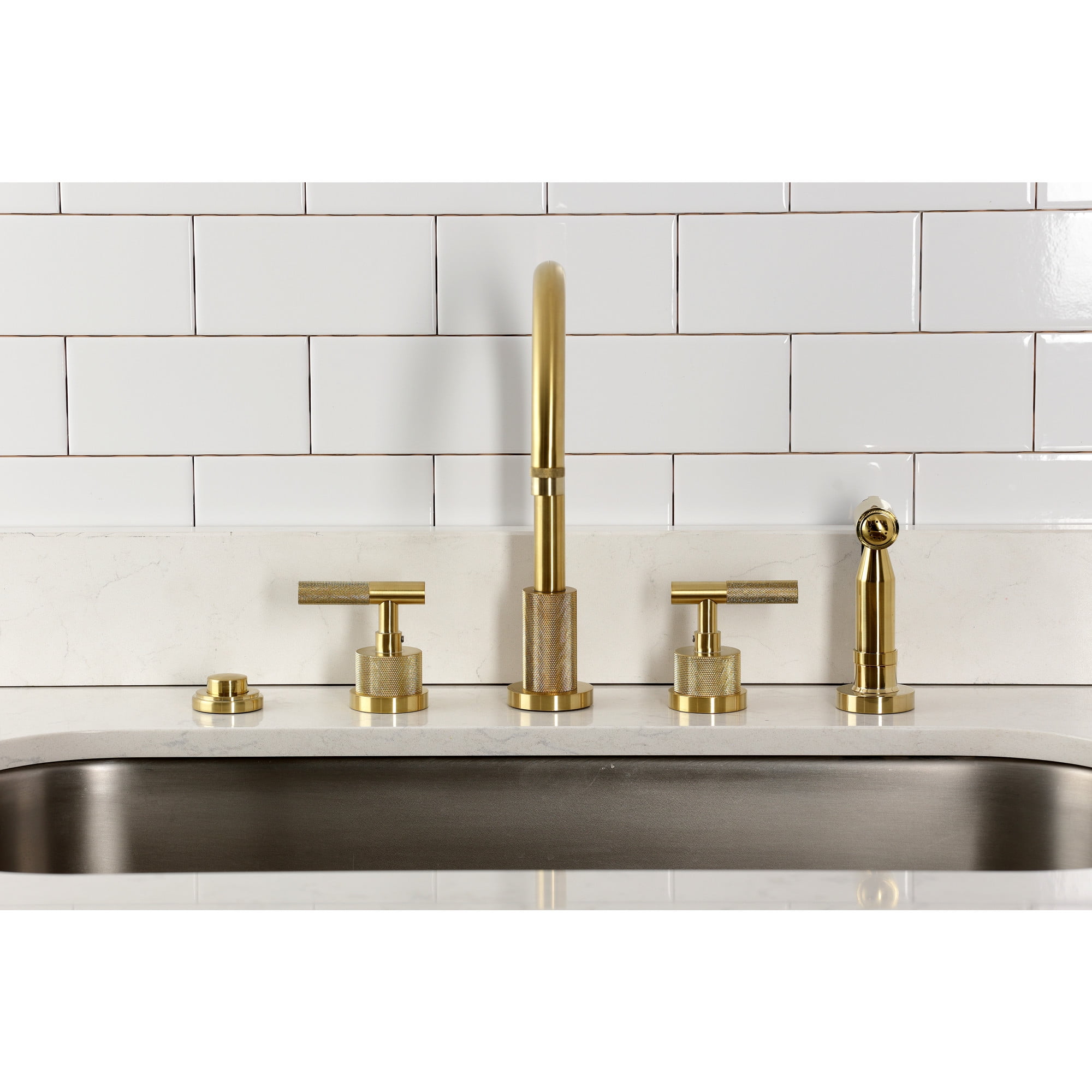 Kingston Brass KS8727KNLBS Convergent Double-Handle 4-Hole Widespread Kitchen Faucet with Knurled Handle 4-Hole and Brass Sprayer in Brushed Brass