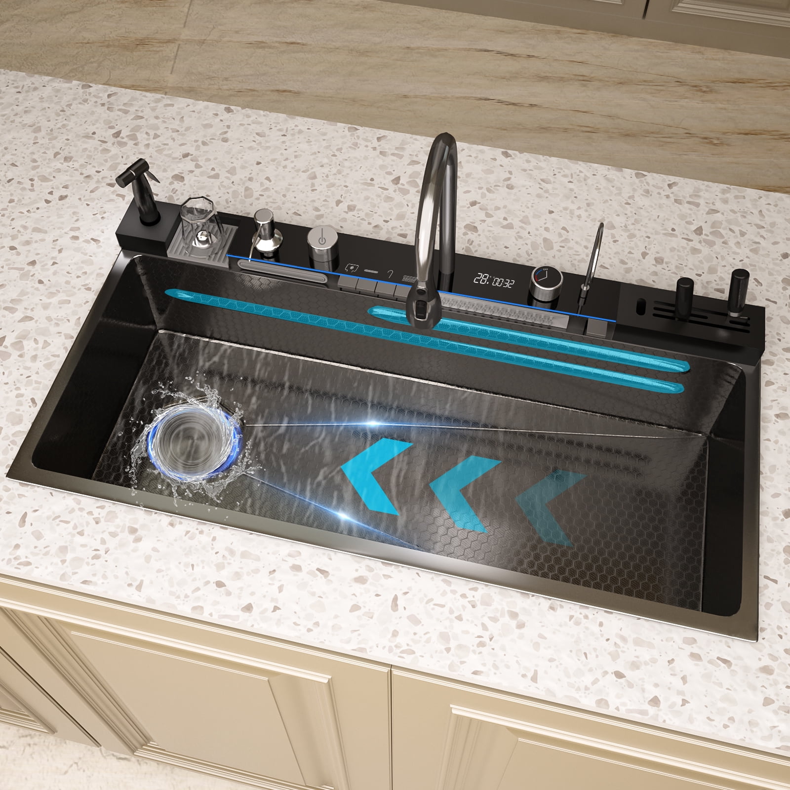 40″×20″ Stainless Steel Kitchen Sink Single Bowl Left-side Drainage Integrated Digital Display Waterfall Faucet Multifunction Sink Dishwashing Basin