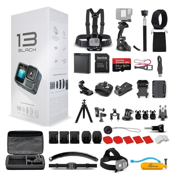 GoPro HERO13 Black 2025 Waterproof Action Camera with 5.3K HDR Video, 27MP Photos, 64GB Card and 50-Piece DigiNerds Accessory Kit