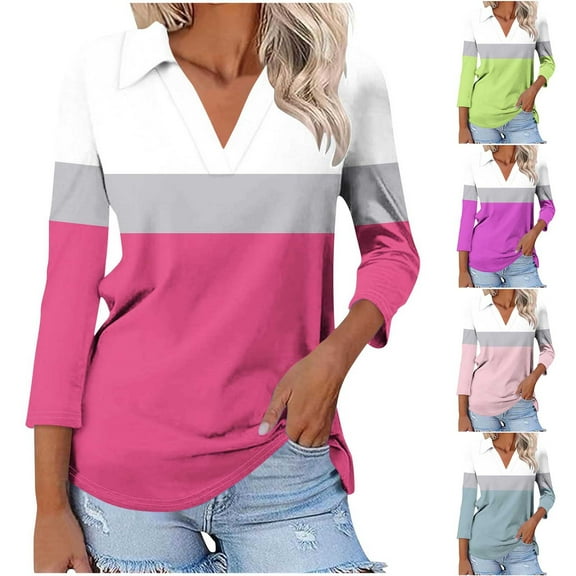 Olyvenn Women's 3/4 Sleeves V Neck Button Collared Shirts 2025 Basic Collar Cute Tees Dressy Casual Color Block Tops Blouses Work Shirt Green 12-14