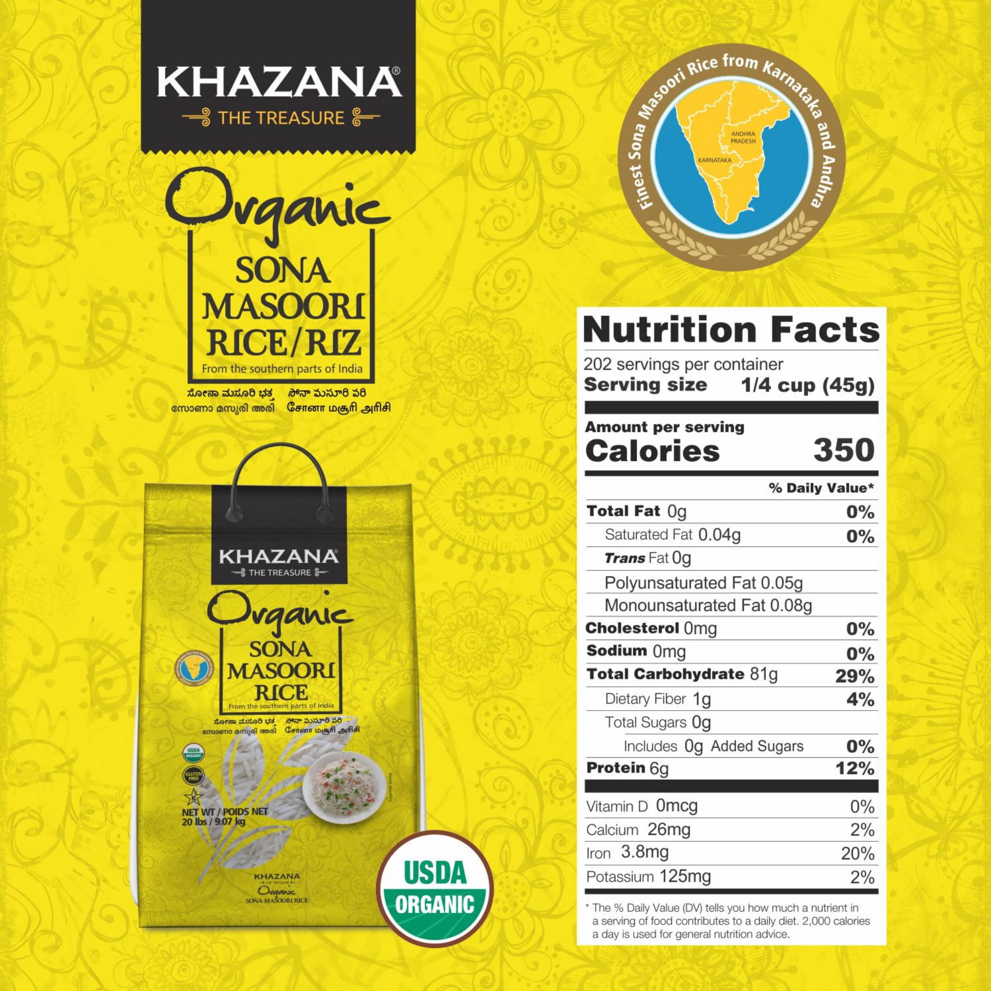 Khazana Organic Sona Masoori Rice, 20 Pounds