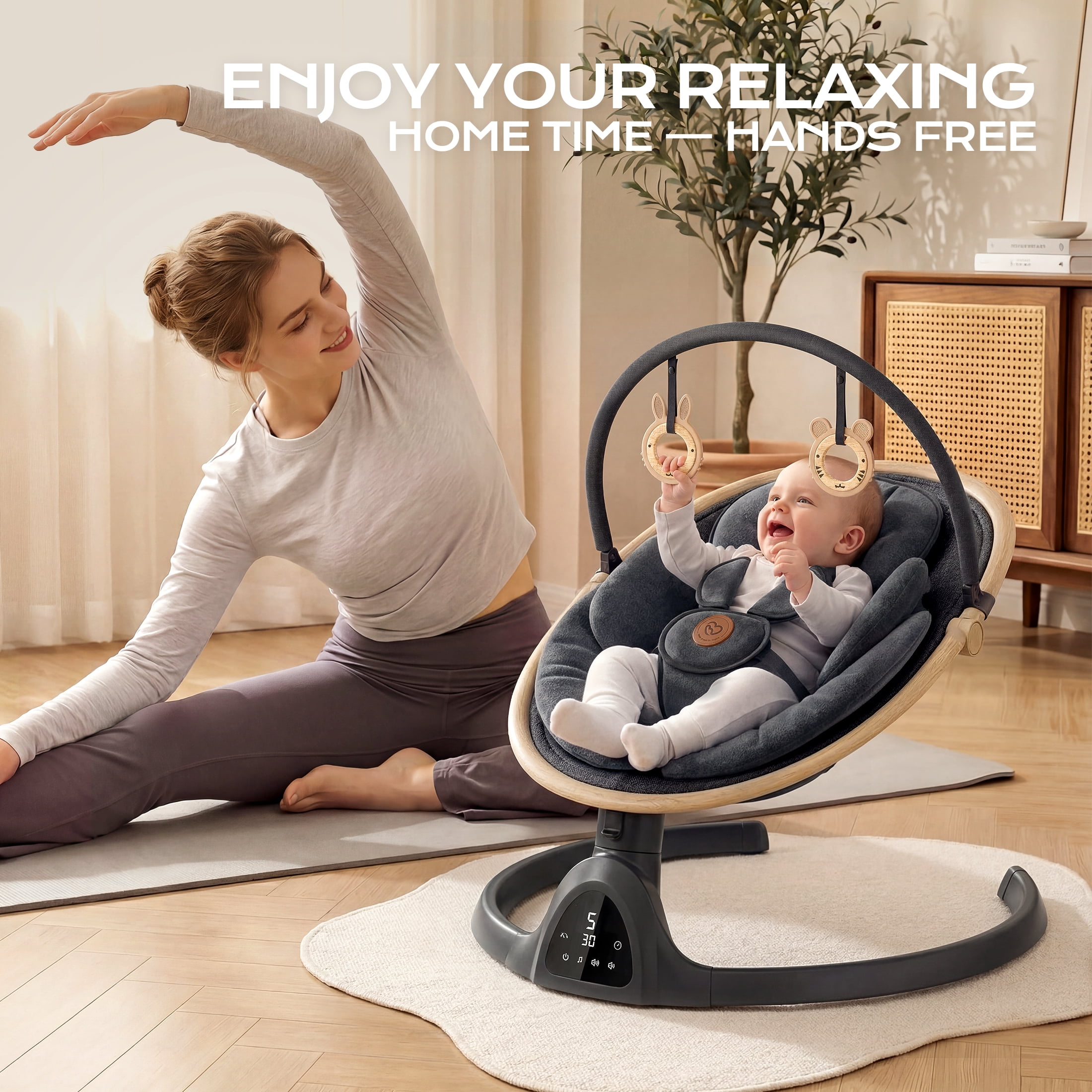 Baby Swing, Portable Bluetooth Infant Swing with Timer, 5 Speeds, 10 Lullabies, 5-Point Harness, Black
