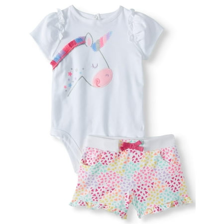 Garanimals Graphic Bodysuit & Knit Denim Shorts, 2pc Outfit Set (Baby Girls)