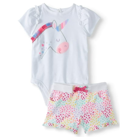Graphic Bodysuit & Knit Denim Shorts, 2pc Outfit Set (Baby Girls)