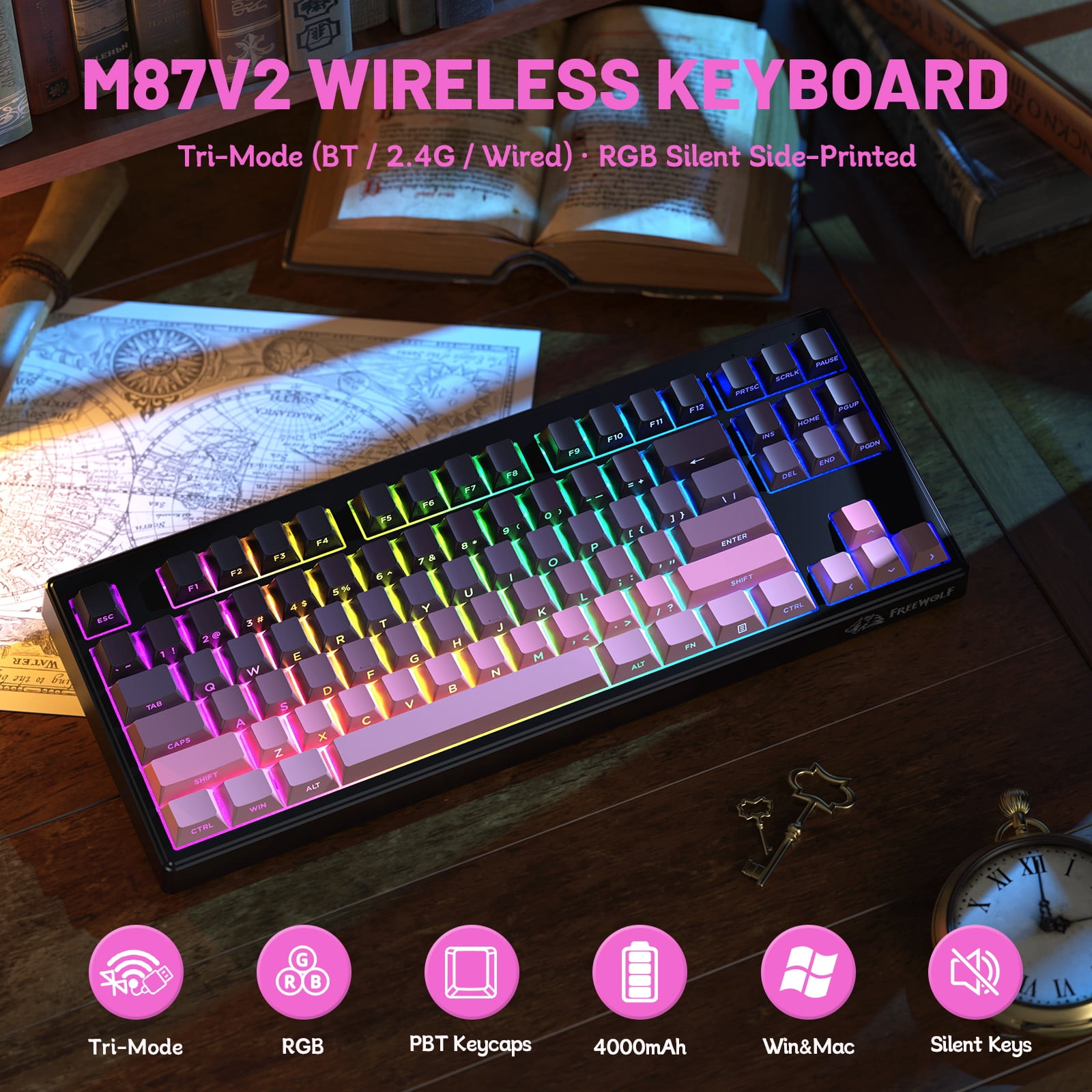 ZIYOU LANG M87V2 Wireless Keyboard, 80% TKL Creamy Keyboard, Low Profile Quiet Typing, Side-Printed PBT Keycaps, RGB Backlit, Pink