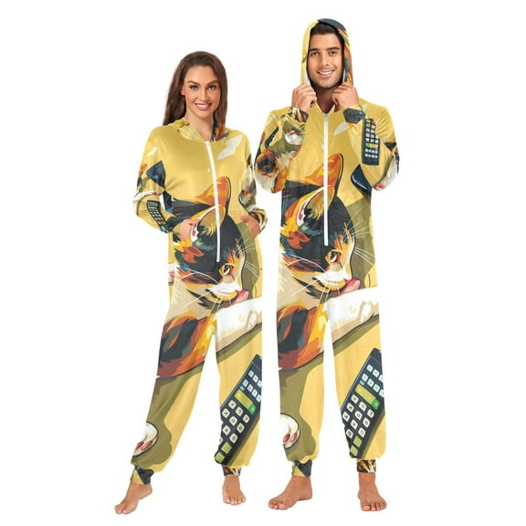 Relax Cat Adult Onesie Pajamas Slim Fit Christmas One Piece Suit Pjs for Women and Men Hooded Zipper