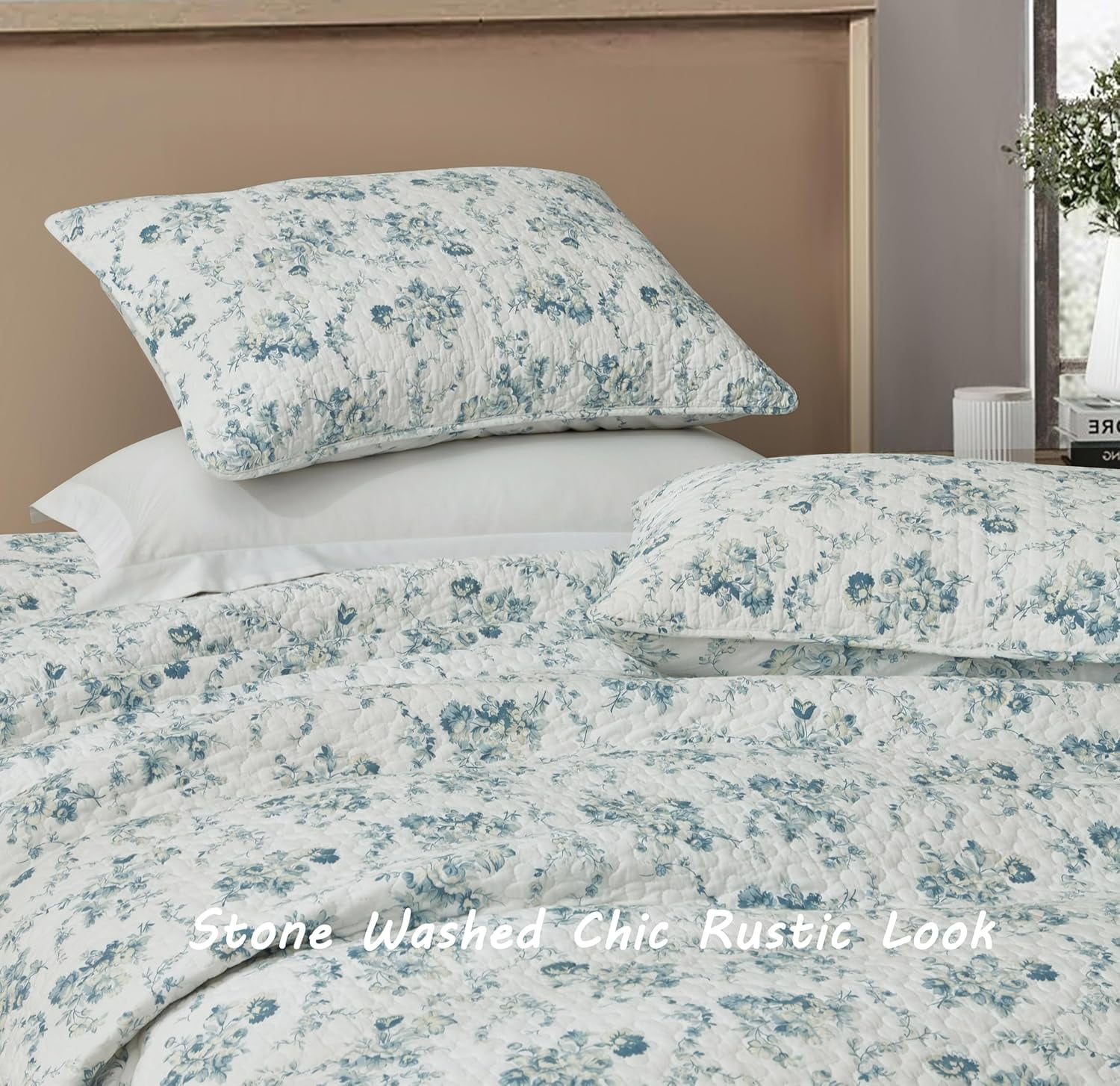 Chezmoi Collection Gigi 3-Piece Printed Floral Cotton Quilt Set Oversized King Size, Elegant Blue Ivory White Floral Flower, Stone Washed Cotton Breathable Lightweight Bedspread Set