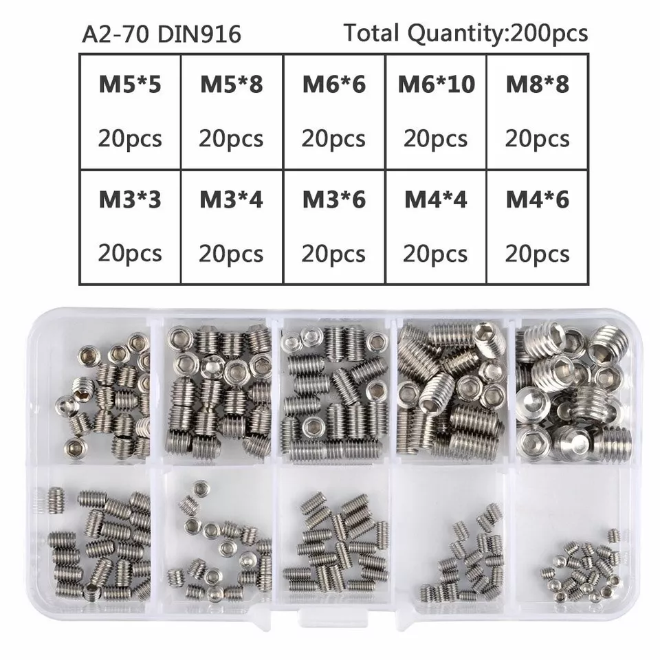 CIRCLE- 200Pcs Hex Socket Set Screws With Cone Piont Assortment Kit M3/4/5/6/8 Stainless