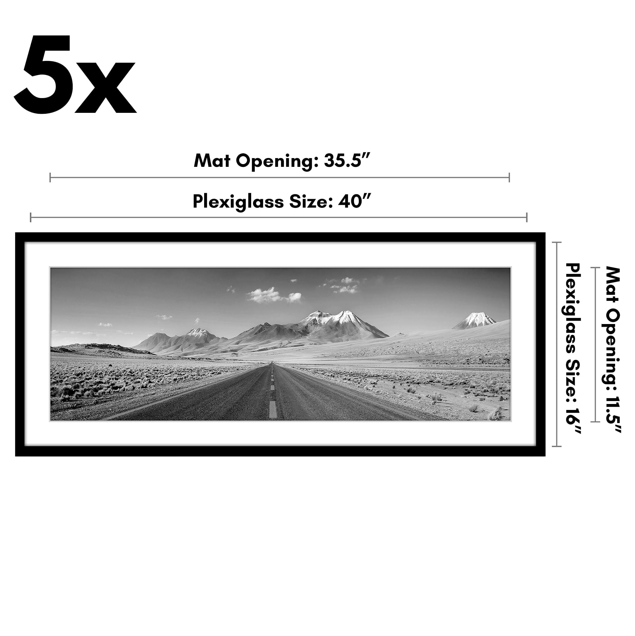 Americanflat 16x40 Picture Frame with Polished Plexiglass - Set of 5 - Use as 12x36 Frame with Mat or Display 16x40 Photo Without Mat - Galleria Collection - Picture Frames for Wall Display - Black