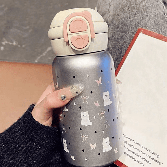 Cute Stainless Steel Water Bottle with Straw Silver