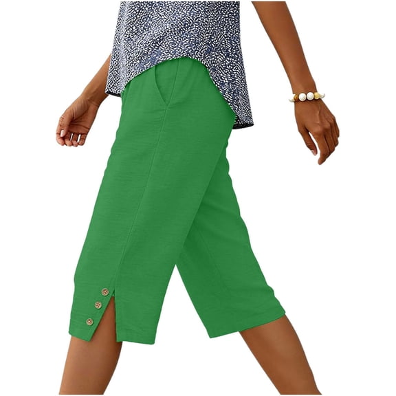 Wensltd Women Capri Pants Elastic Waist Button Detail Split Hem Soft Lightweight Casual Wear With Pockets
