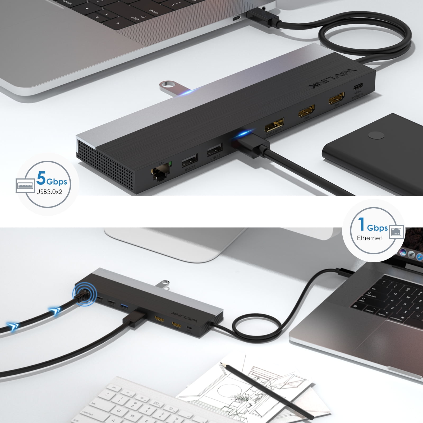 WAVLINK usb c laptop dock station Triple Display Docking Station, 85W Charging for PC, laptop hub, 4K@60Hz with DisplayPort, HDMI, USB 2.0/3.0, Gigabit Ethernet, SD/TF, Audio Jack for Windows&Mac