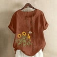 thumbnail image 2 of ZVAVZ Petite Tops for Women Womens Short Sleeve Cotton Linen Shirts Plus Size Tops Summer Casual Blouse O-Neck Floral Print Tunic T-Shirt Womens Work Tops, 2 of 5