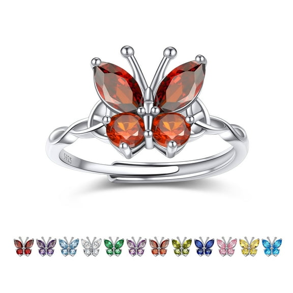 Bestyle 925 Sterling Silver Butterfly Rings, July Ruby Birthstone Adjustable Open Band Ring Jewelry Gift Birthday Christmas Valentines Day