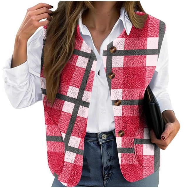 HAiming Plaid Vest for Women Plus Size Fall Winter Sleeveless Jackets Button Own Outwear Coat Fall Winter Clothes