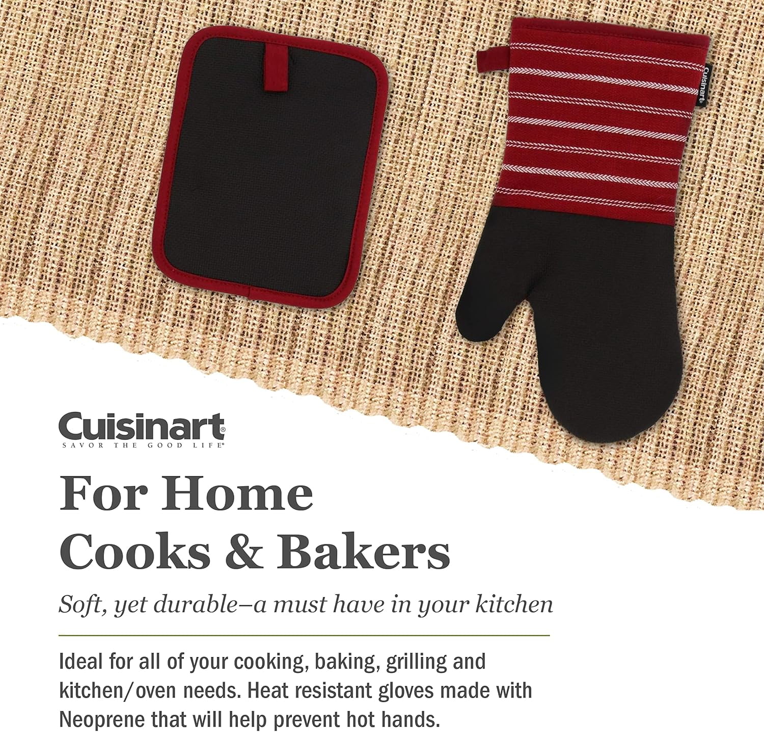 Neoprene Oven Mitts and Potholder Set-Heat Resistant Oven Gloves to Protect Hands and Surfaces with Non-Slip Grip, Hanging Loop-Ideal for Handling Hot Cookware Items, Twill Stripe Red Dahlia