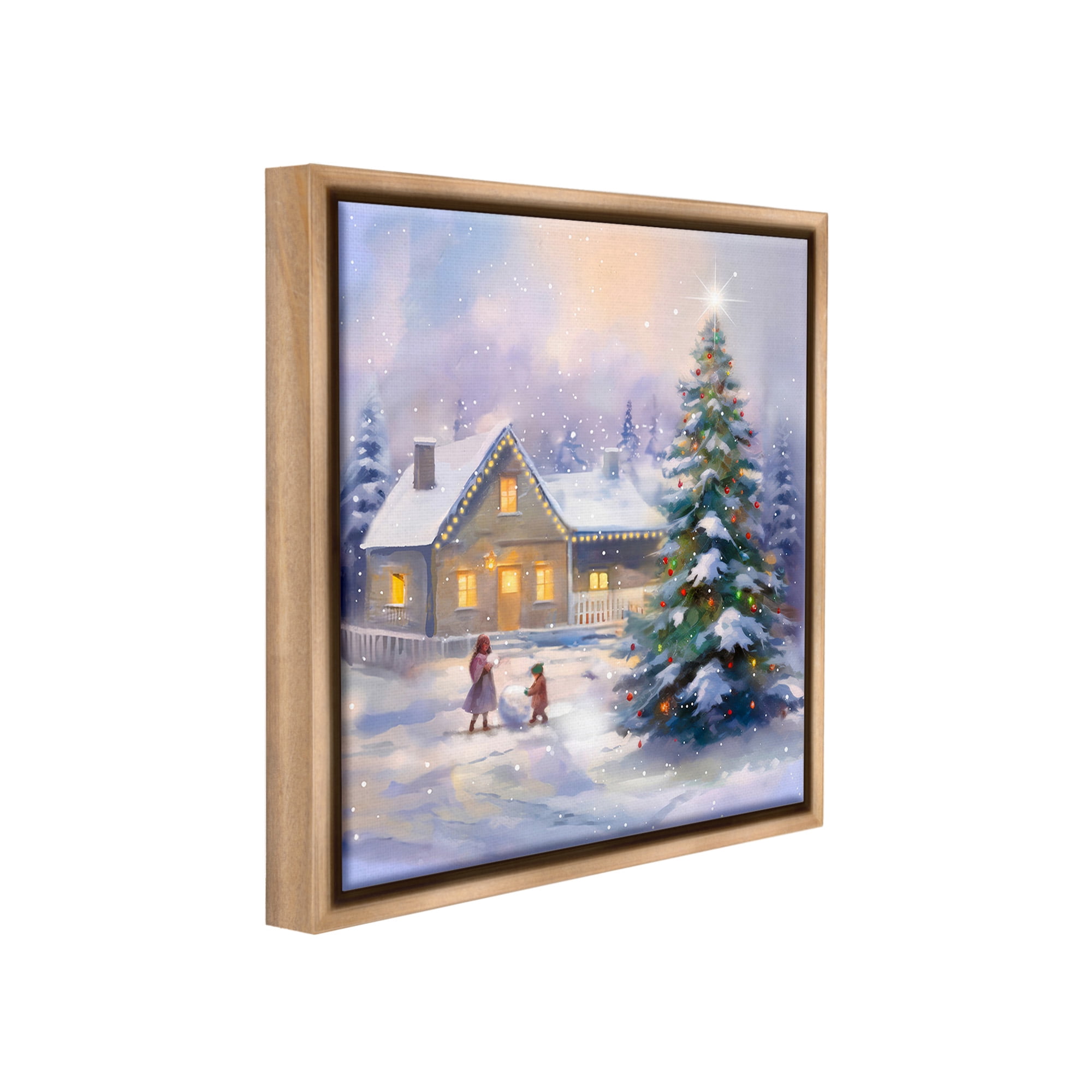 Stupell Industries Children Building Snowman Holiday Painting Brown Floater Framed Canvas Art Print Wall Art, 25 x 25