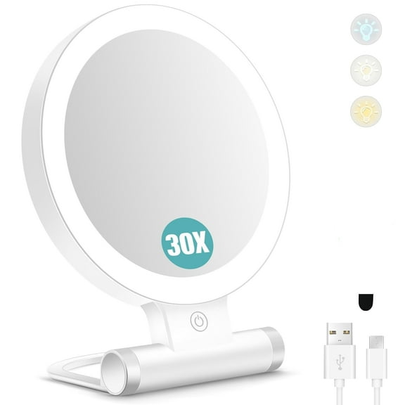 Magnifying Mirror with Light 30X, Double-Sided 1X/ 30X Magnifying Makeup Mirror with Tweezer, 1500mAh 3 Colour Modes with Adjustable Brightness,Foldable Travel Mirror(9" L x 7" W)
