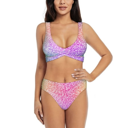 Zeuib Colorful Glitters High Waisted Tummy Control Bikini Set - Knot Front Push Up Top & Cheeky Thong Bottom  Two-Piece Swimsuit for Women-Medium