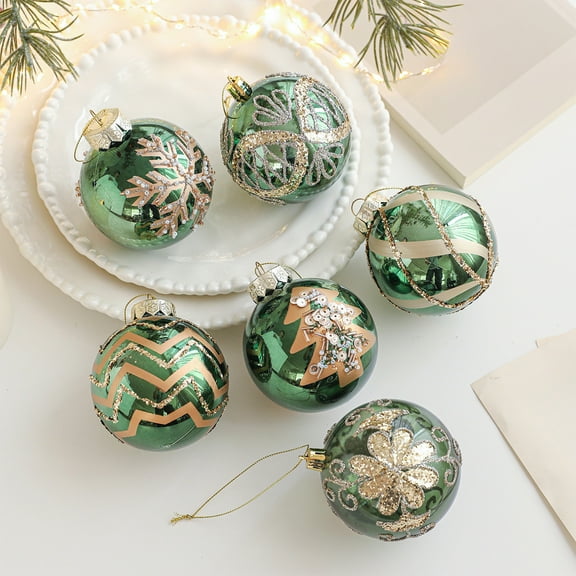 OEFNTAC Green Glossy Christmas Ball Ornament Gold Electroplated Hand Painted Pearlescent Design Tree Decoration Premium Shatterproof Party Gift Arrangement 3.14in