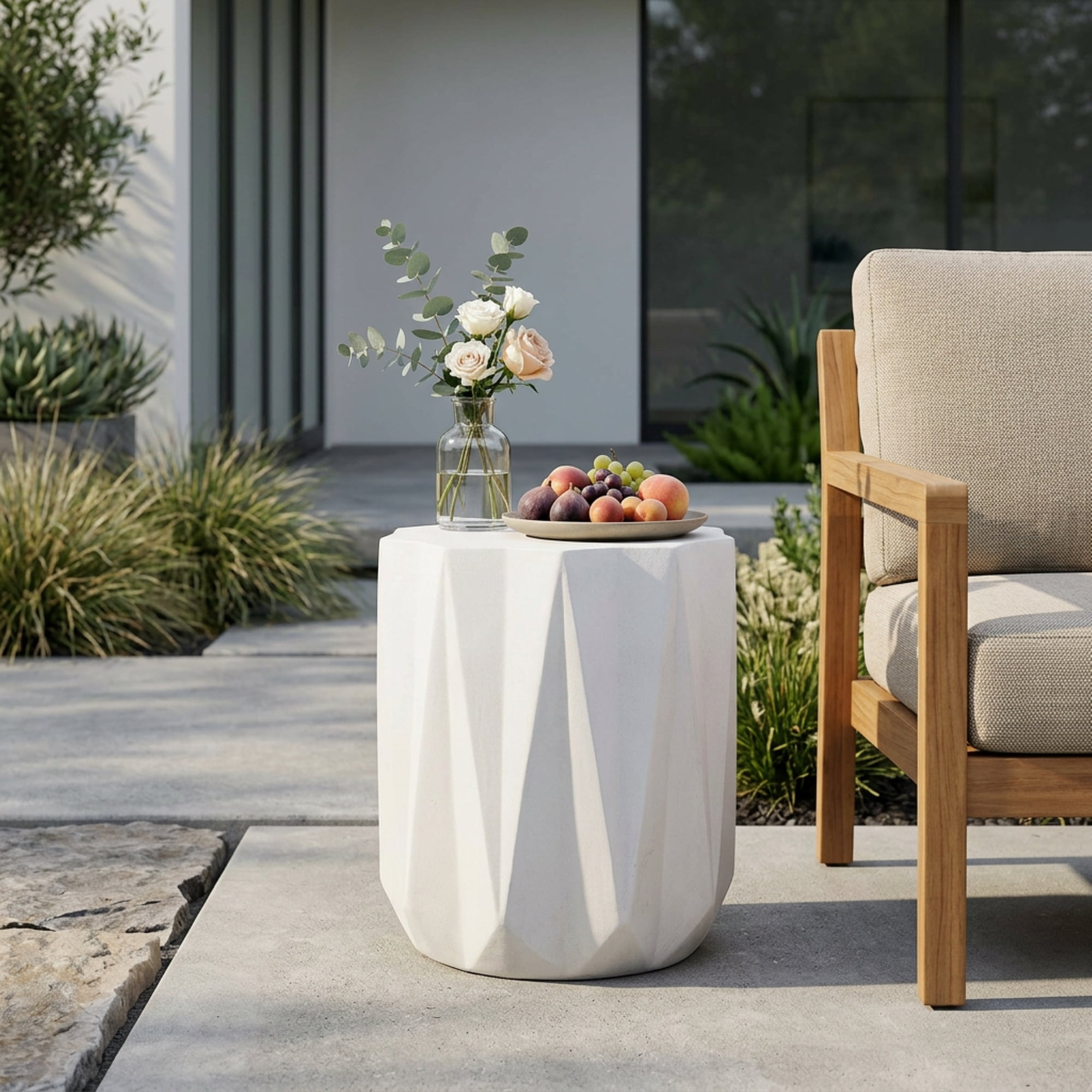 Mintazer Lightweight Concrete Side Table with Geometric Design, Modern Minimalist End Table for Indoor & Outdoor, Antique White