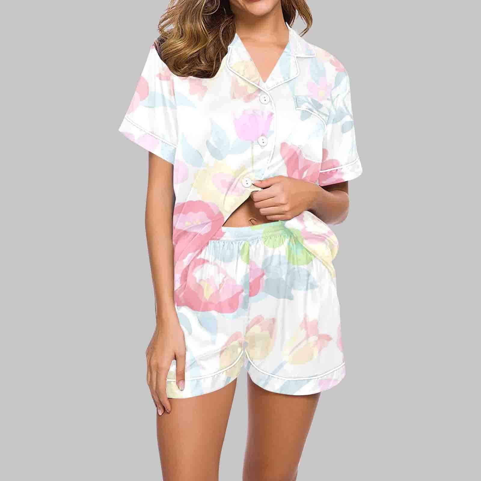Lolmot Pajama Sets for Women 2 Piece Women Casual Turndown Collar Short Sleeve Blouse Fashion Short Pants Pajamas Suit
