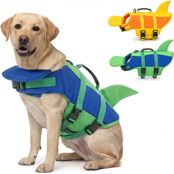 Cute Shark Dog Life Jacket for Small Medium Large Dogs, Safety Life Vest with Front Chin Float and Rescue Handle High Buoyancy Puppy Floating Swim Vest,Blue,L