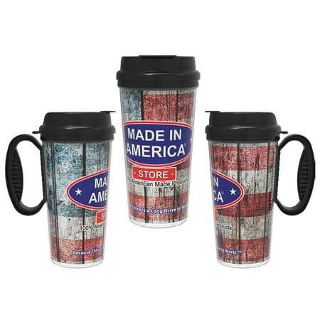 Made in America Store Travel Mug with Faded Glory Flag, 16 oz. insulated coffee mug with handle. By Whirley