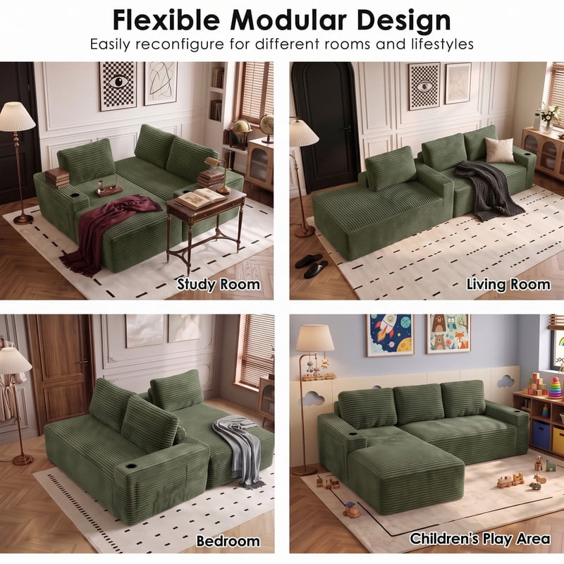 Anpport 104" Boneless Cloud Modular Sectional Couch, Corduroy Sofa with Cup Holders, Side Pockets, Deep Seat, No Assembly Required for Living Room, Green (L‑Shaped, Left Facing Chaise)