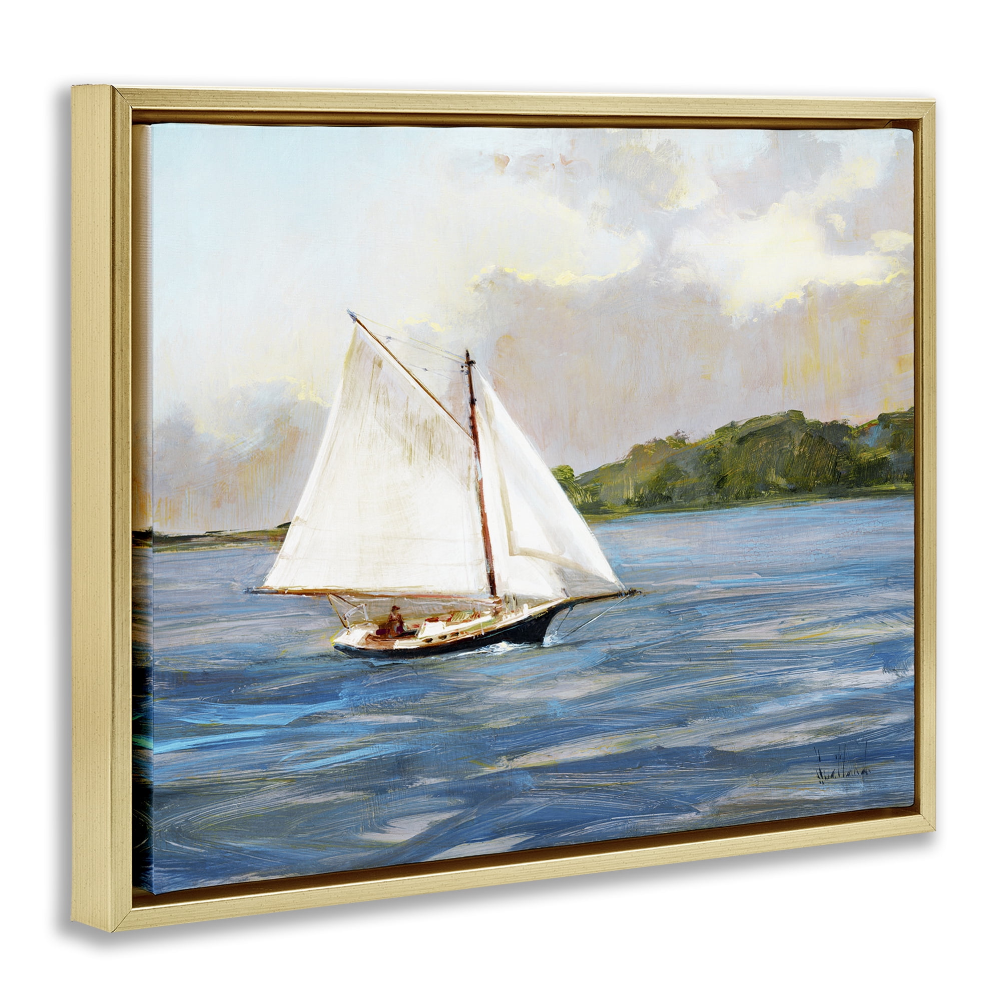 Stupell Industries White Sailboat on Calm Blue Sea Gold Framed Floater Canvas Wall Art, design by Katie Swatland
