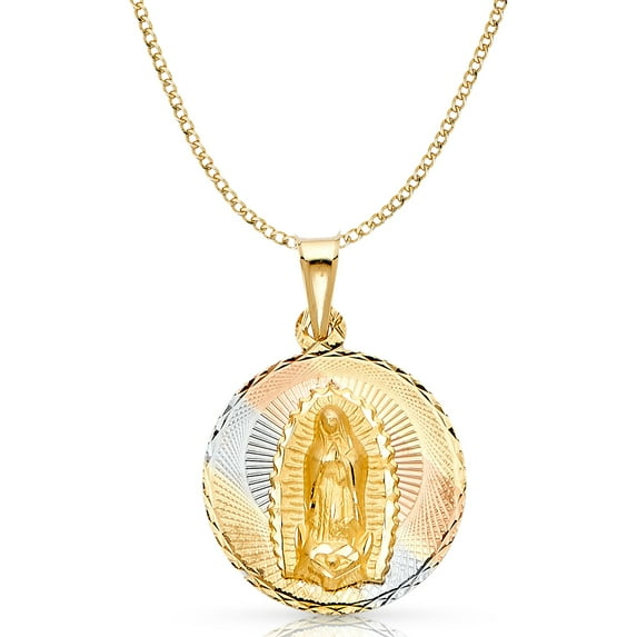 14K Tri Color Gold Diamond Cut Our Lady of Guadalupe Stamp Charm Pendant with 3.5mm Hollow Cuban Chain Necklace - 18"