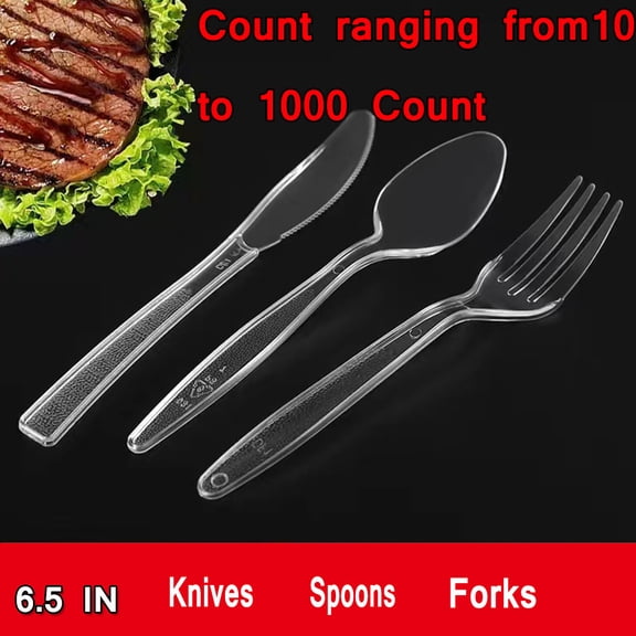 [10/25/50/75/... Count] Settings Plastic Clear Forks/Spoons/Knives, Heavyweight Disposable Cutlery, Great for Home, Office, School, Party, Picnics, Restaurant, Take-out Fast Food, Outdoor Events
