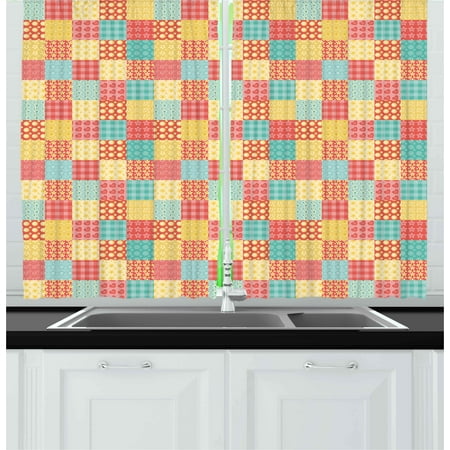 Abstract Curtains 2 Panels Set Patchwork Style Ornamental Hearts