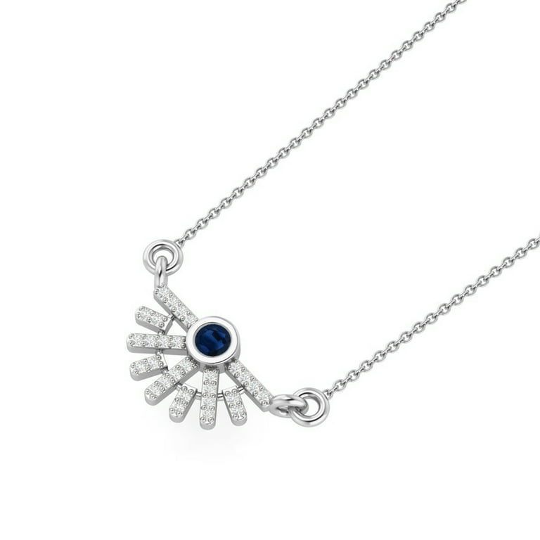 10K White Gold 3mm Round Shape Blue Sapphire Rising Sun Women Wedding Pendant Necklace