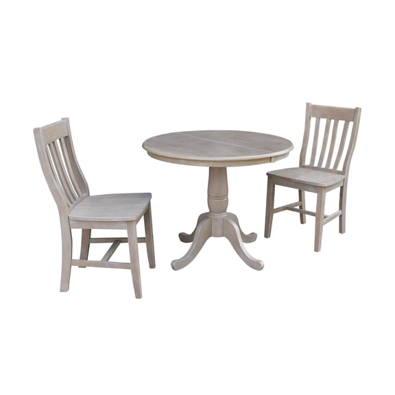 36" Round Extension Solid Wood Table With 2 Cafe Chairs in Washed Gray Taupe