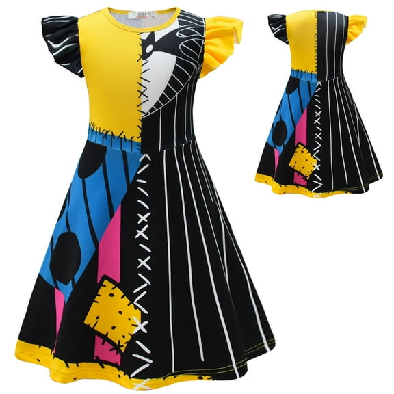 Girls Sally Costume Dress Short Sleeve Halloween Cosplay Fancy Paty Dress