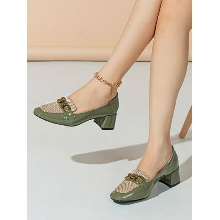 

Horsebit Decor Weave Detail Square Toe Chunky Heeled Loafers Women‘s Footwear
