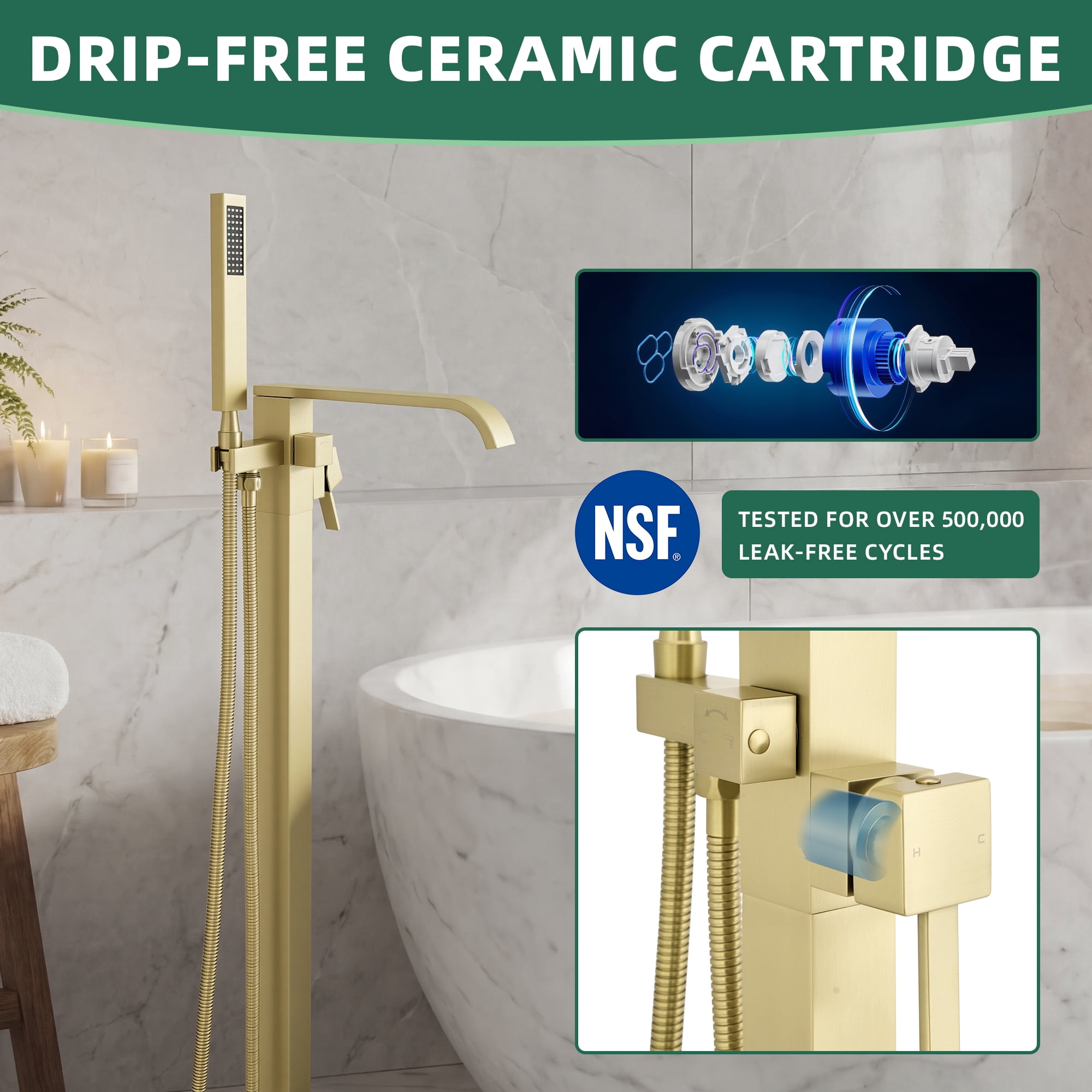 Free Standing Tub Faucet, High Flow Freestanding Bathtub Faucet with Waterfall Spout & Handheld Shower, 360°Swivel Tub Filler, Brass Body, Brushed Gold