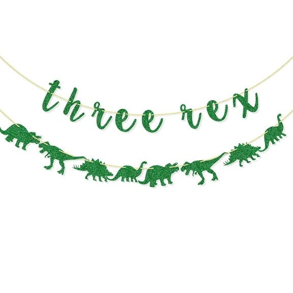 Dinosaur 3rd Birthday Banner, 3rd Birthday Party Decorations, Third Birthday Supplies, Dinosaur Bunting Garland (Green Glitter)