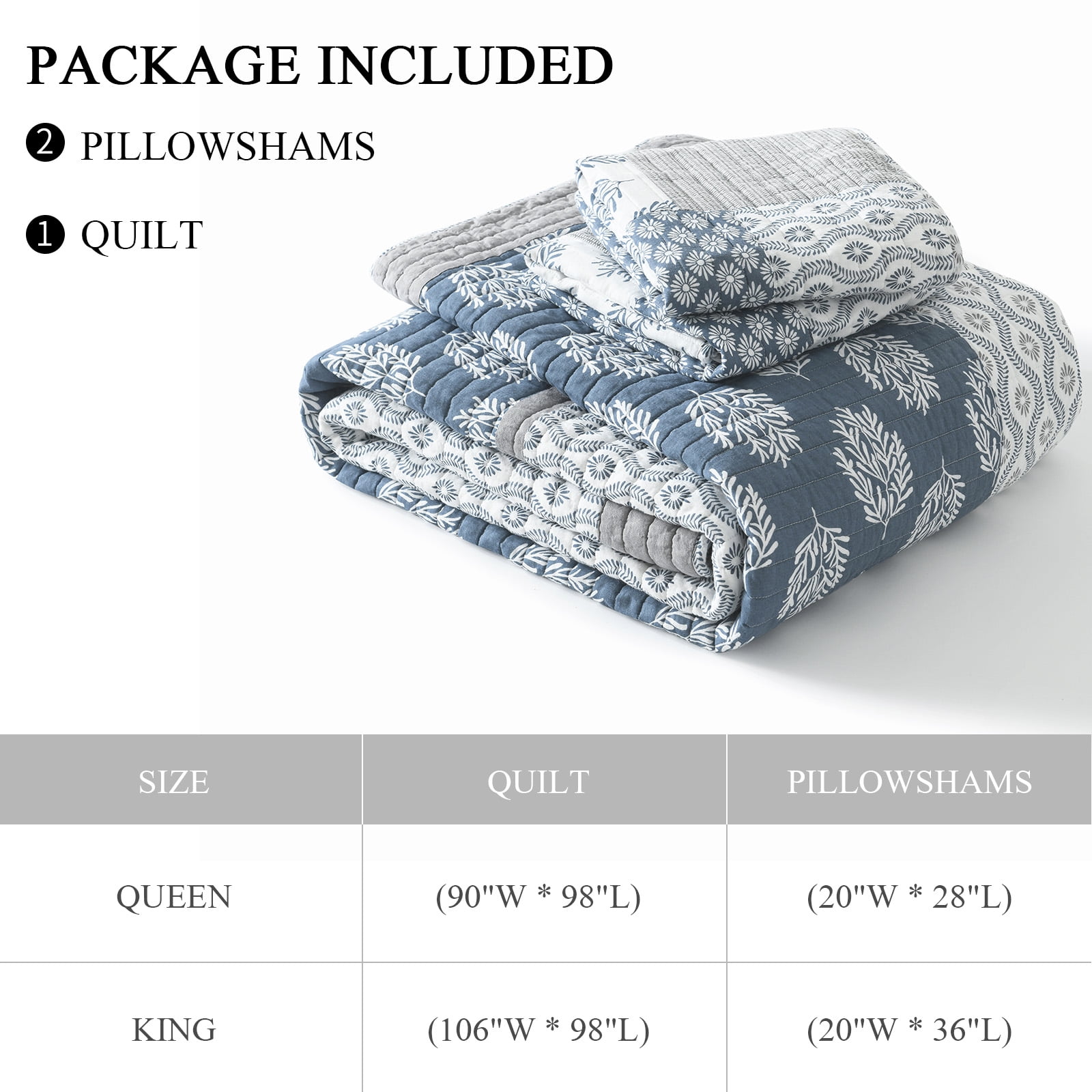 SahSahCasa Quilt Set King Size - 100% Cotton Lightweight King Quilt, Patchwork Farmhouse Floral King Comforter Quilted Bedspread, Blue Grey White Reversible Quilt Bedding Set All Season, 3 Pieces