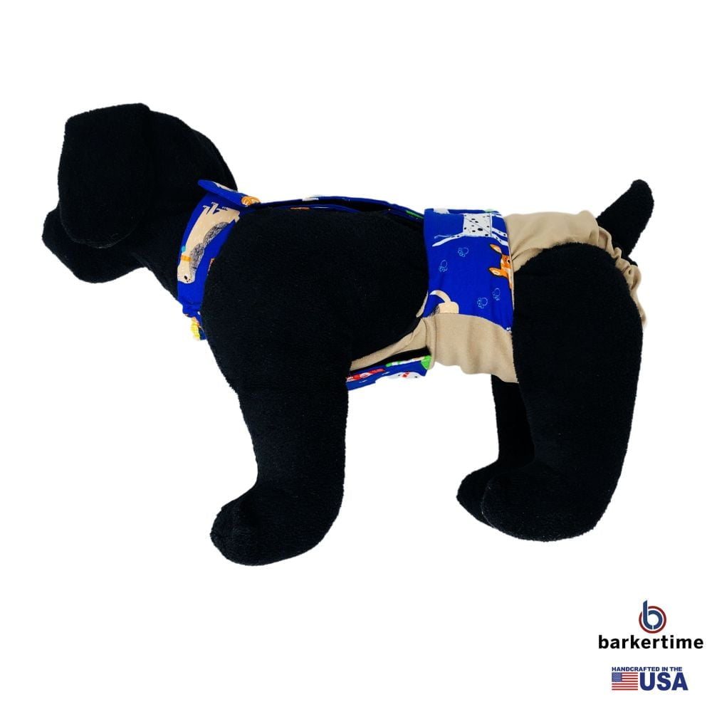 Barkertime Happy Doggie Blue on Brown Dog Diaper Overall
